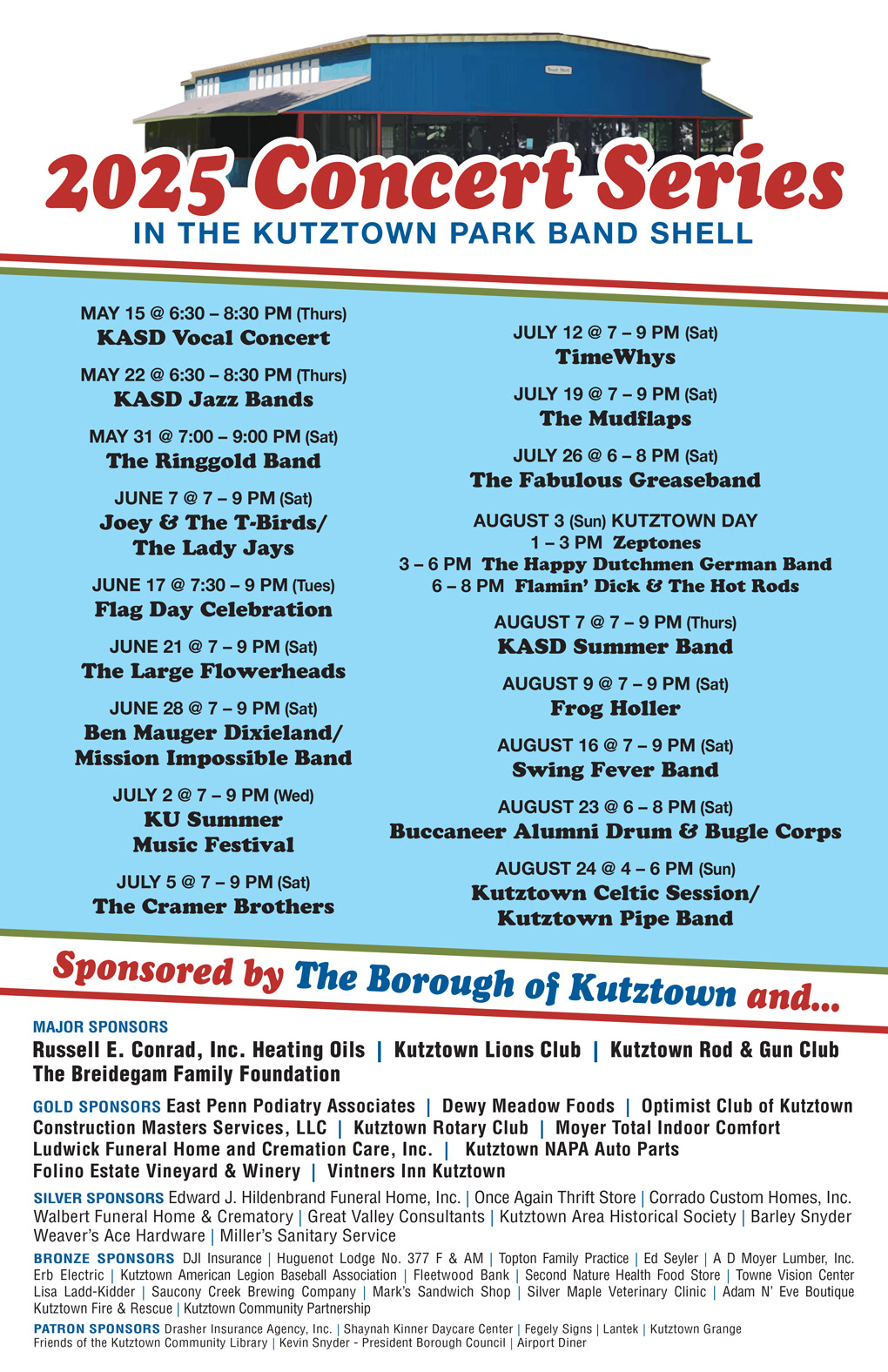 2025 Concert Series in the Kutztown Park Band Shell. View the PDF at https://www.kutztownboro.org/wp-content/uploads/ConcertSchedule_2025_Legal_printer.pdf