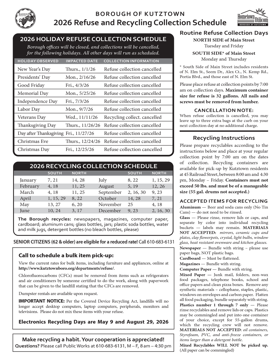 Refuse and Recycling Schedule for 2026. Download the PDF at https://www.kutztownboro.org/wp-content/uploads/refuse/Refuse-and-Recycling-Flyer-2026.pdf