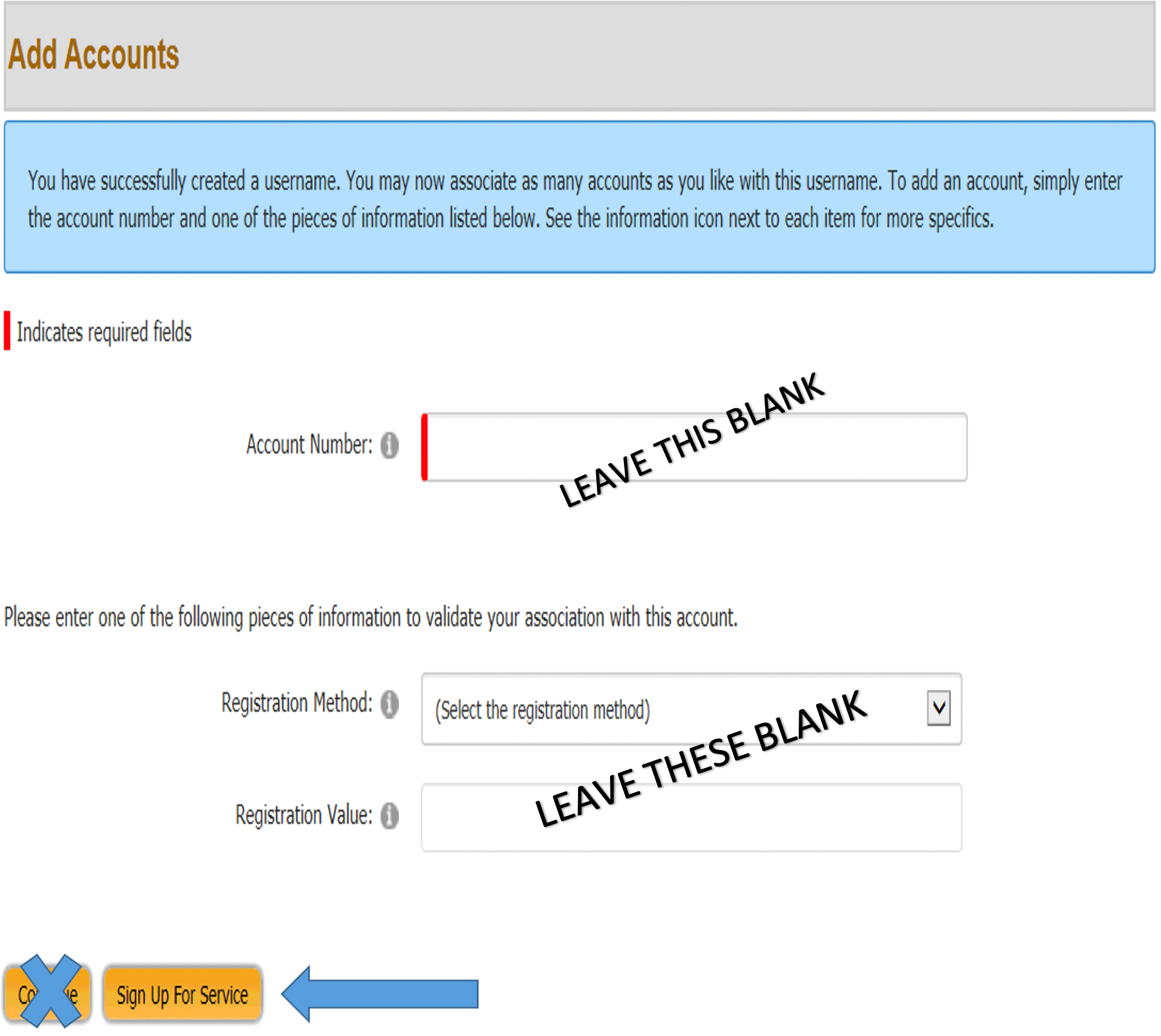 Screen Shot of Sign Up Screen. Leave all fields blank and click Continue.