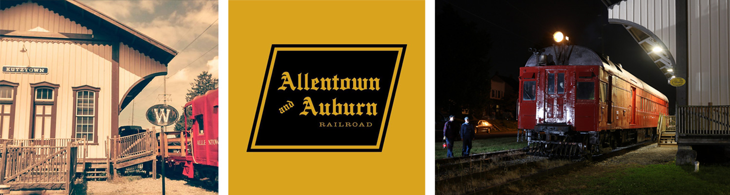 Photo collage of the Kutztown Railroad Station, Allentown and Auburn Railroad logo and Night shot of the Kutztown Railroad Station and train car.