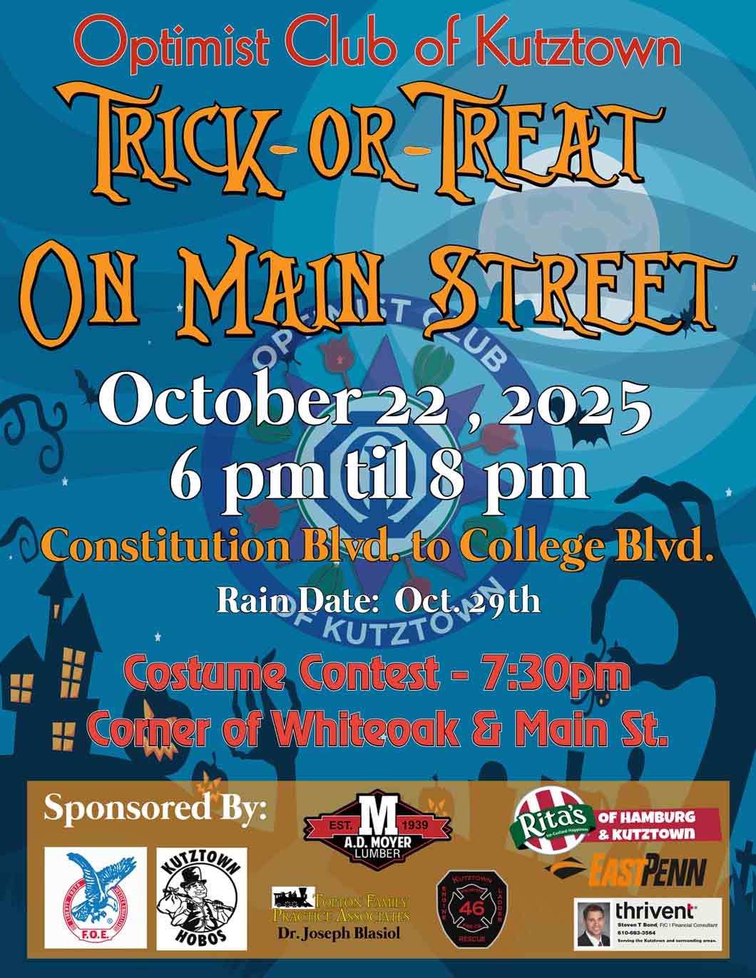 Optimist Club of Kutztown presents Trick or Treat on Main Street on October 22, 2025, 6 pm to 8 pm, from Constitution Blvd. to College Blvd. Rain date is October 29, 2025. Costume Contest is at 7:30 pm on the corner of Whiteoak and Main streets.