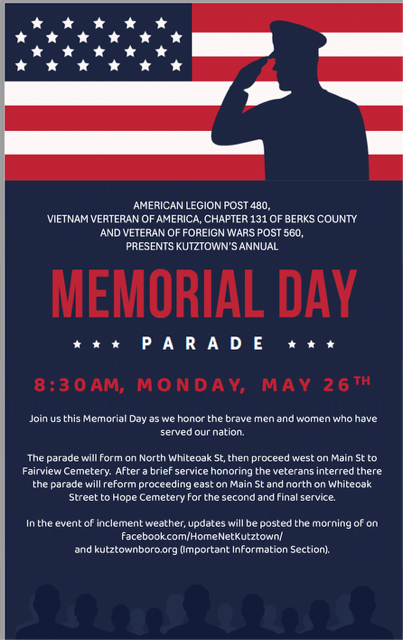 Memorial Day Parade, Monday May 26 at 8:30 am