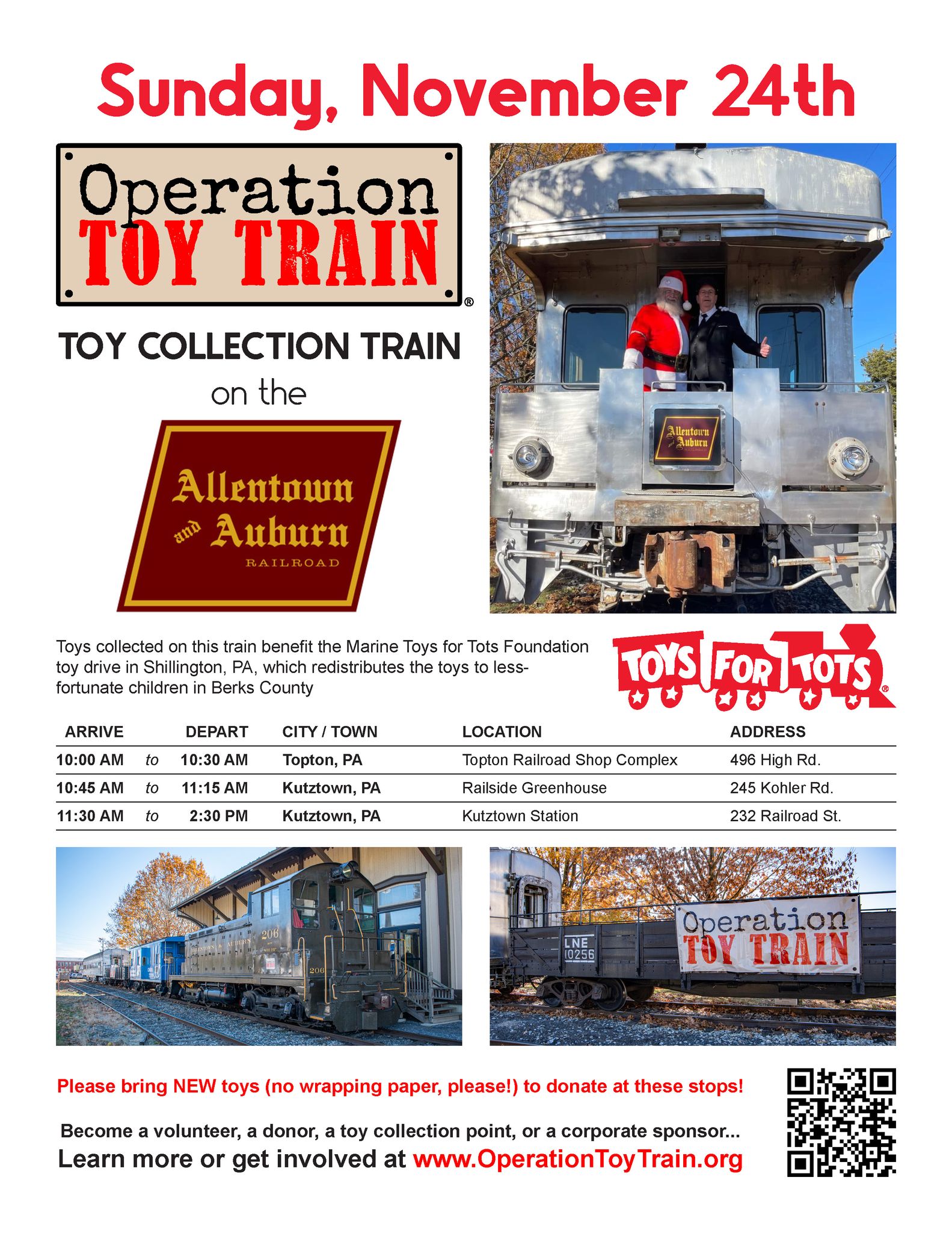 Sunday, November 24, 2024: Operation Toy Train with the Allentown and Auburn Railroad. View details at operationtoytrain.org