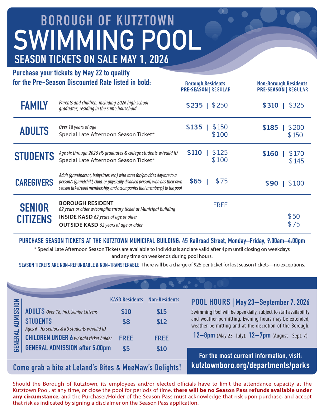 2025 Borough of Kutztown Swimming Pool Rates. A PDF can be downloaded at https://www.kutztownboro.org/wp-content/uploads/parks/2026PoolRates.pdf