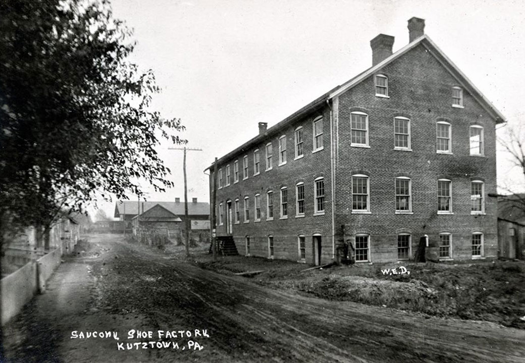 Peach Street and Railroad Street in the early 1900s, featuring the original Saucony Shoe factory and Ziegler Dairy (today the Borough's Public Works Building). Photo by Dr. W. E. Dietrich, PhD, from the Kutztown Area Historical Society collection.