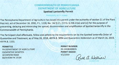 Example of Spotted Lanternfly Permit